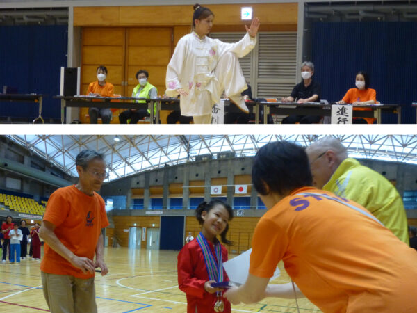 30歳以下１位を獲得した野田恵選手の演武（上）、小学生太極拳および武術１位を獲得した中野ひなたさん（下）