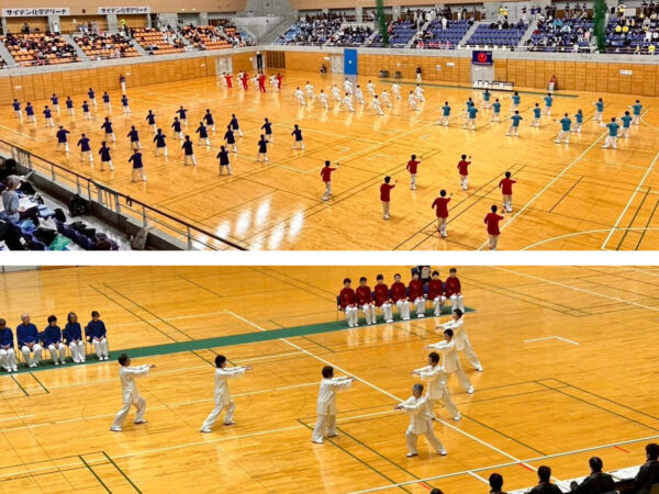 交流大会集団演武：６面のコートで演武（上）、ねんりんピック岐阜2025県代表：太極拳ところの風（下）