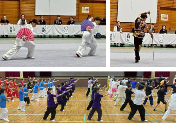 太極扇対練の演武（上左）、男子国際第三套路南棍の演武（上右）、参加者全員による24式太極拳の集団演武（上）