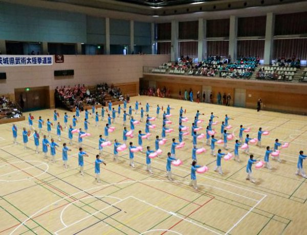 春らしく桜色の太極扇が舞う集団演武