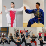 特別演武の先生方、左から市来崎大祐コーチ、市来崎直子コーチ、丁傑老師、下起悦郎コーチと集体などを披露するセントラルウーシュー（下）